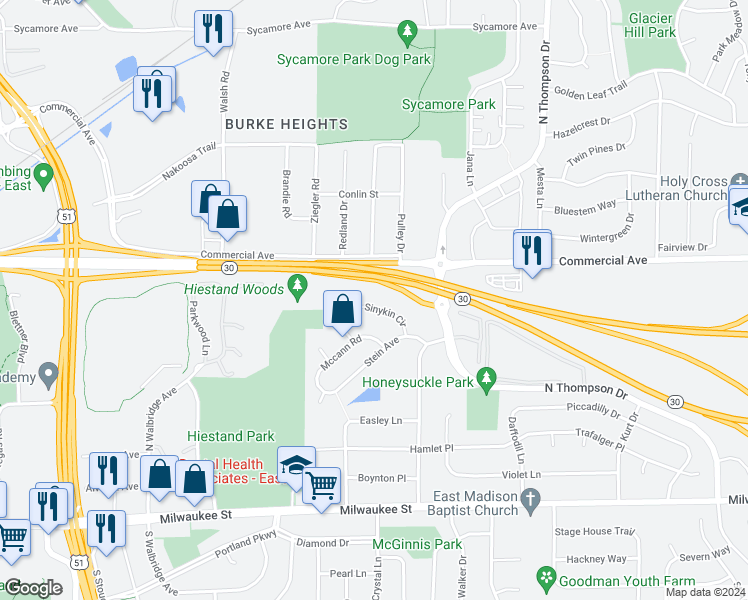 map of restaurants, bars, coffee shops, grocery stores, and more near 66 Sinykin Circle in Madison