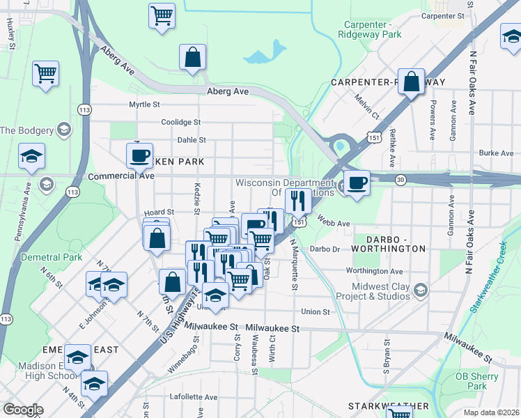 map of restaurants, bars, coffee shops, grocery stores, and more near 509 Oak Street in Madison