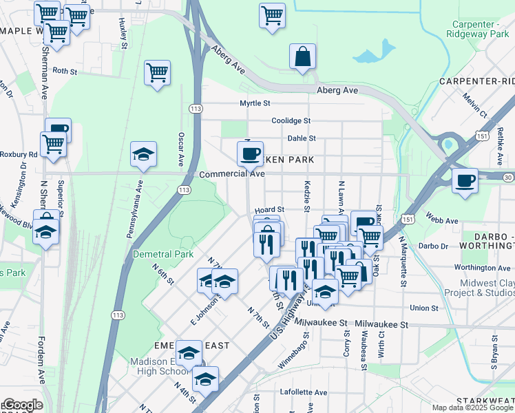 map of restaurants, bars, coffee shops, grocery stores, and more near 510 Maywood Street in Madison