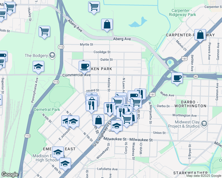 map of restaurants, bars, coffee shops, grocery stores, and more near 2702 Hoard Street in Madison