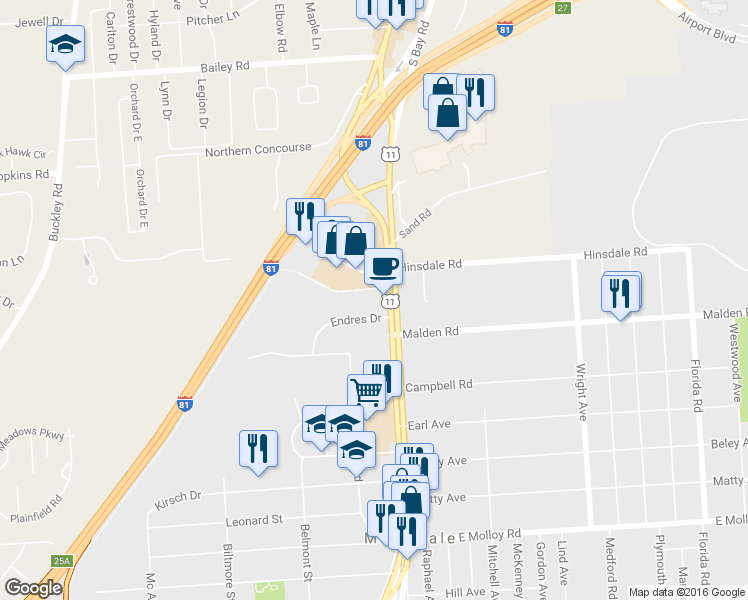 map of restaurants, bars, coffee shops, grocery stores, and more near 2723 Brewerton Road in Syracuse