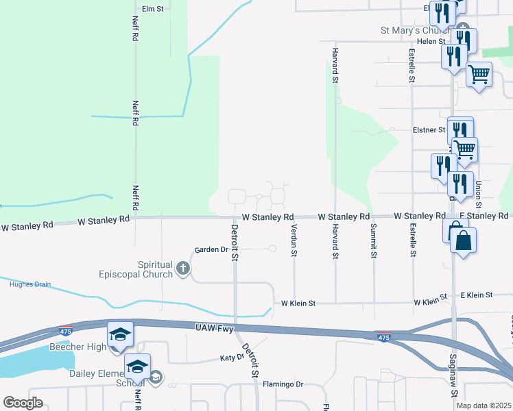 map of restaurants, bars, coffee shops, grocery stores, and more near Rosewood Drive in Mount Morris