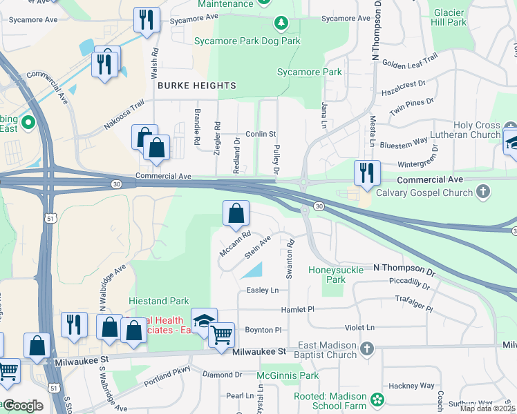 map of restaurants, bars, coffee shops, grocery stores, and more near 50 Sinykin Circle in Madison