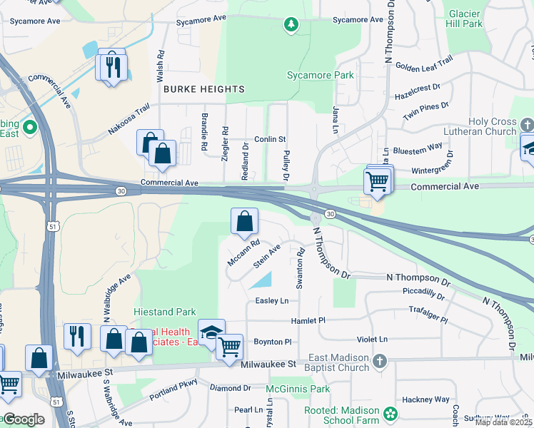 map of restaurants, bars, coffee shops, grocery stores, and more near 66 Sinykin Circle in Madison