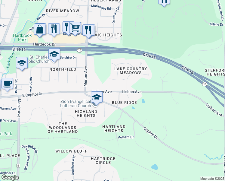 map of restaurants, bars, coffee shops, grocery stores, and more near 1210 Lisbon Avenue in Hartland
