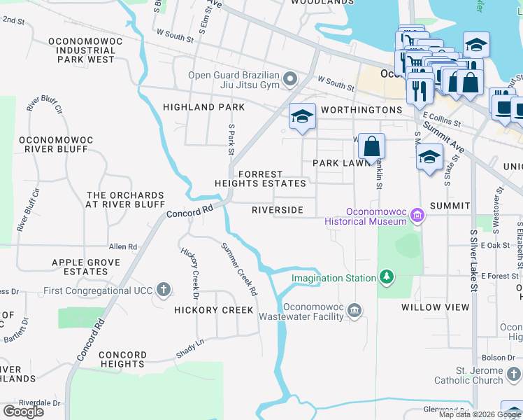 map of restaurants, bars, coffee shops, grocery stores, and more near 517 West Lincoln Street in Oconomowoc