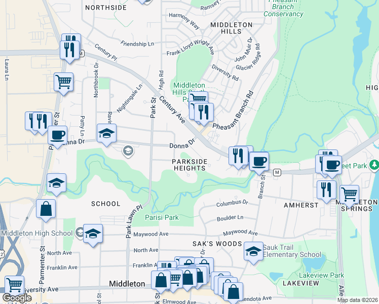 map of restaurants, bars, coffee shops, grocery stores, and more near 6727 Spring Grove Ct in Middleton