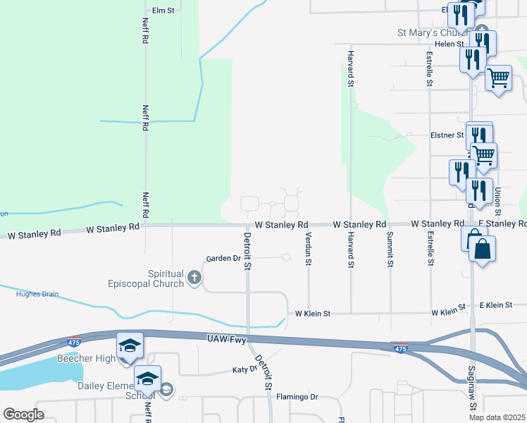 map of restaurants, bars, coffee shops, grocery stores, and more near 7028 Rosewood Drive in Mount Morris