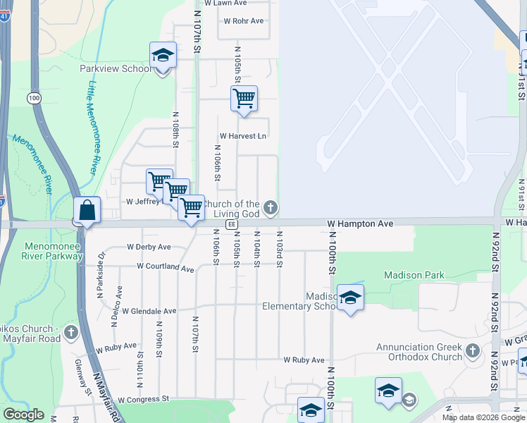 map of restaurants, bars, coffee shops, grocery stores, and more near 4812 North 104th Street in Milwaukee