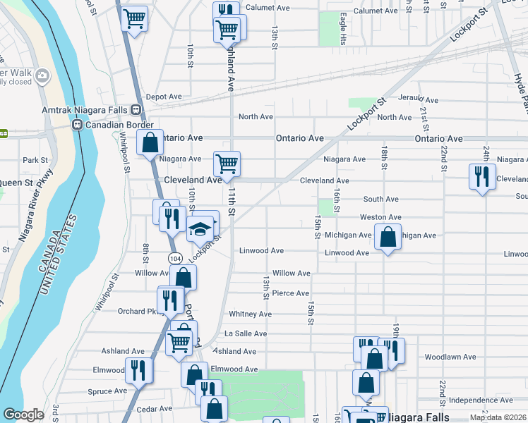 map of restaurants, bars, coffee shops, grocery stores, and more near 1215 South Avenue in Niagara Falls