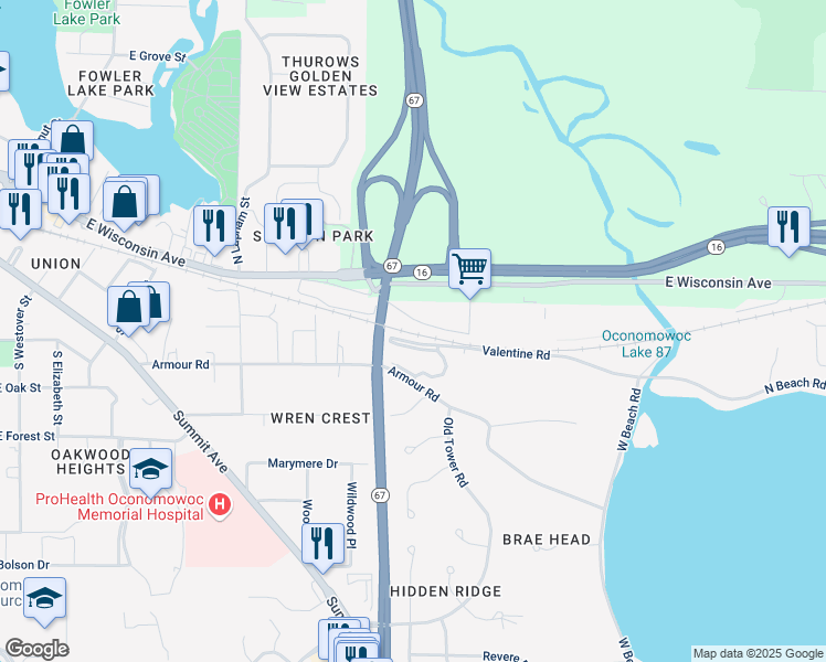 map of restaurants, bars, coffee shops, grocery stores, and more near 36935 Plank Road in Oconomowoc