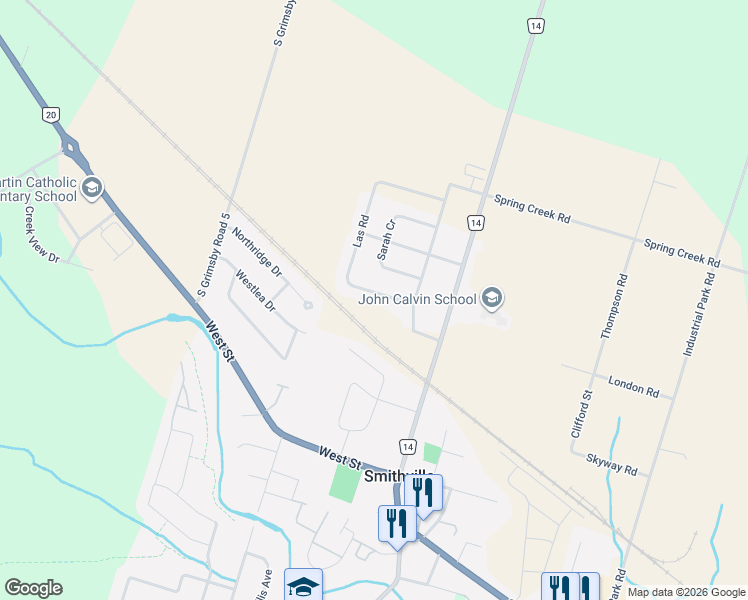 map of restaurants, bars, coffee shops, grocery stores, and more near 19 Las Road in Smithville