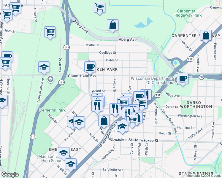 map of restaurants, bars, coffee shops, grocery stores, and more near 509 Kedzie Street in Madison