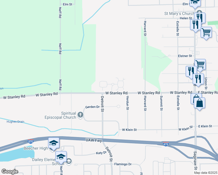 map of restaurants, bars, coffee shops, grocery stores, and more near Rosewood Drive in Mount Morris
