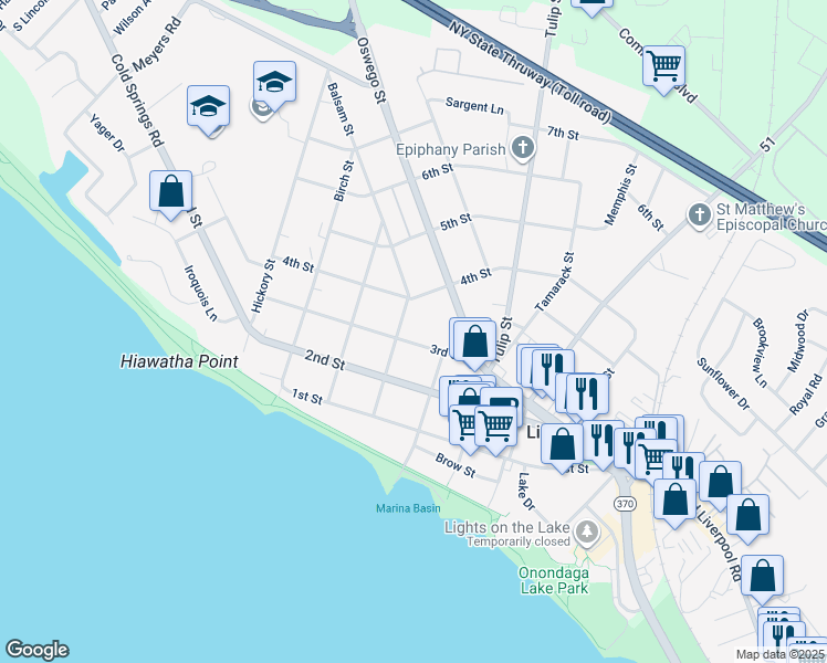 map of restaurants, bars, coffee shops, grocery stores, and more near 212 3rd St in Liverpool