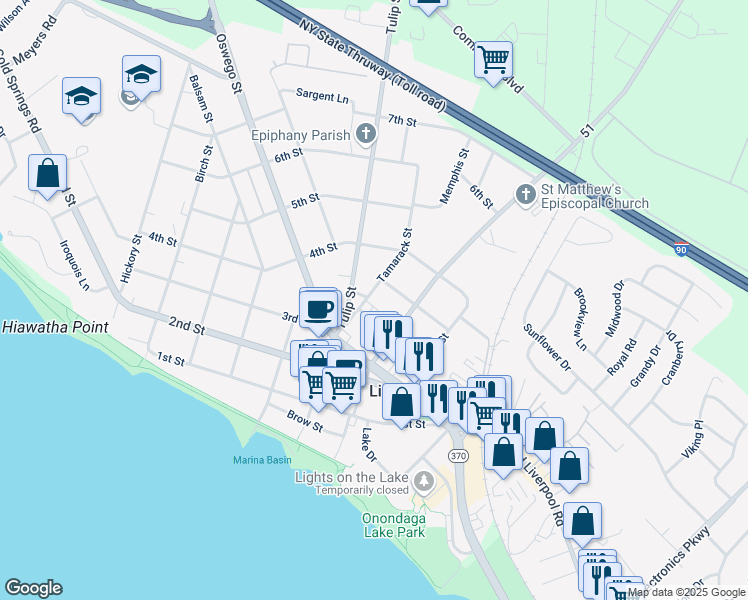 map of restaurants, bars, coffee shops, grocery stores, and more near 204 Tamarack Street in Liverpool