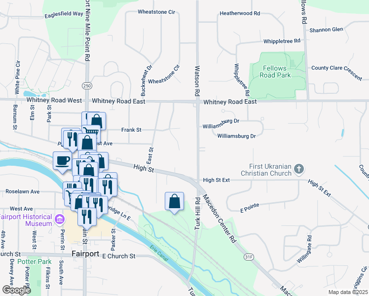 map of restaurants, bars, coffee shops, grocery stores, and more near 29 Homestead Drive in Fairport