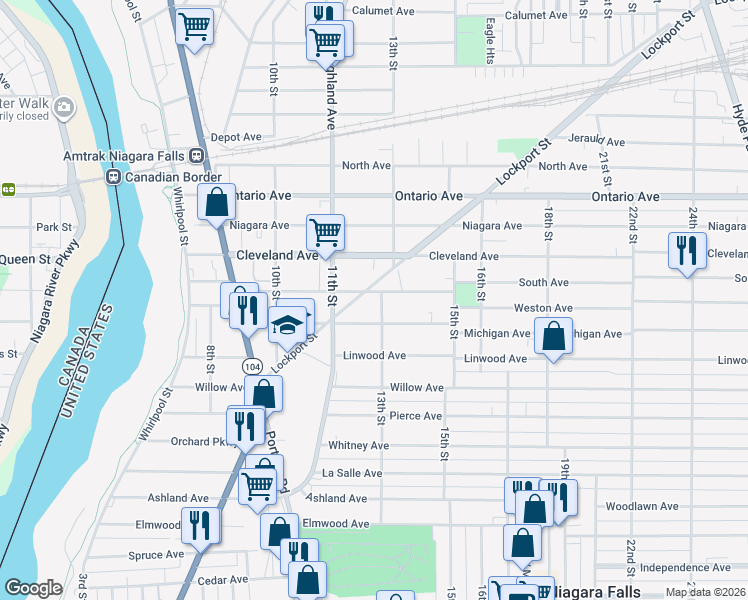 map of restaurants, bars, coffee shops, grocery stores, and more near 1215 South Avenue in Niagara Falls