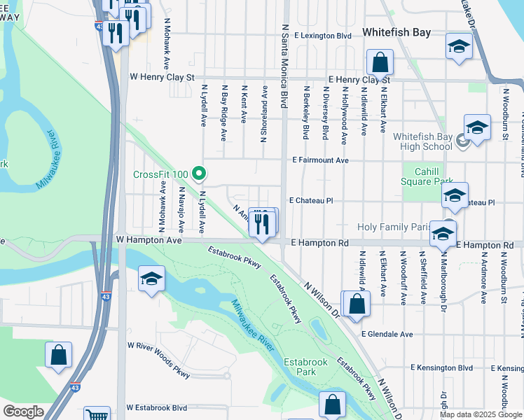 map of restaurants, bars, coffee shops, grocery stores, and more near 240 East Chateau Place in Whitefish Bay