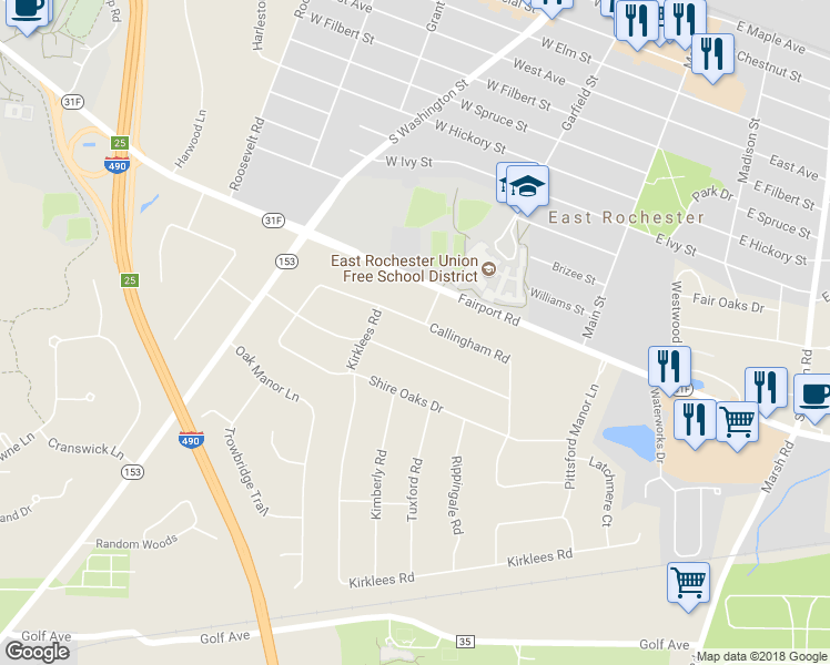 map of restaurants, bars, coffee shops, grocery stores, and more near 28 Callingham Road in Pittsford