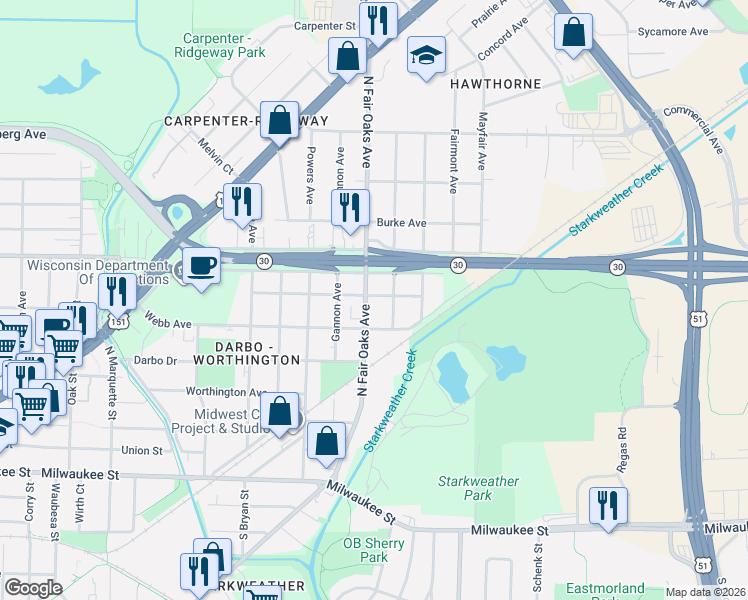 map of restaurants, bars, coffee shops, grocery stores, and more near 3325 Furey Avenue in Madison