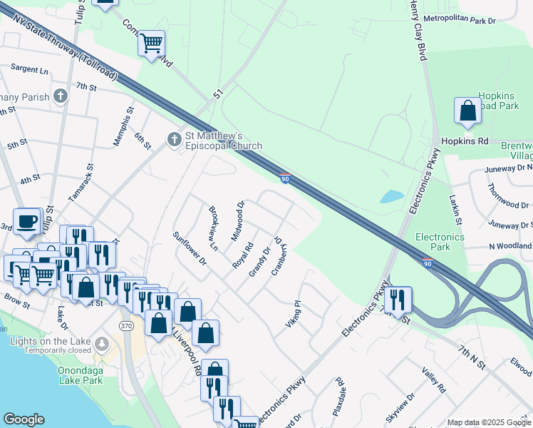 map of restaurants, bars, coffee shops, grocery stores, and more near 310 Midwood Drive in Liverpool