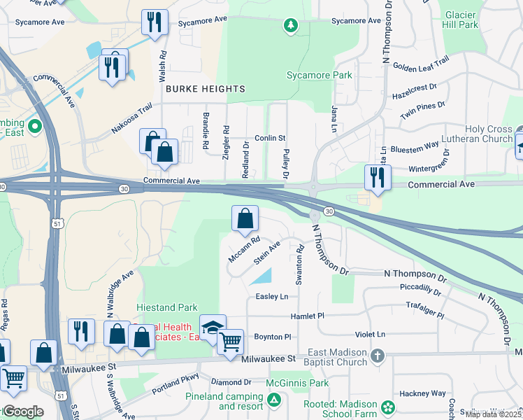 map of restaurants, bars, coffee shops, grocery stores, and more near 58 Sinykin Circle in Madison