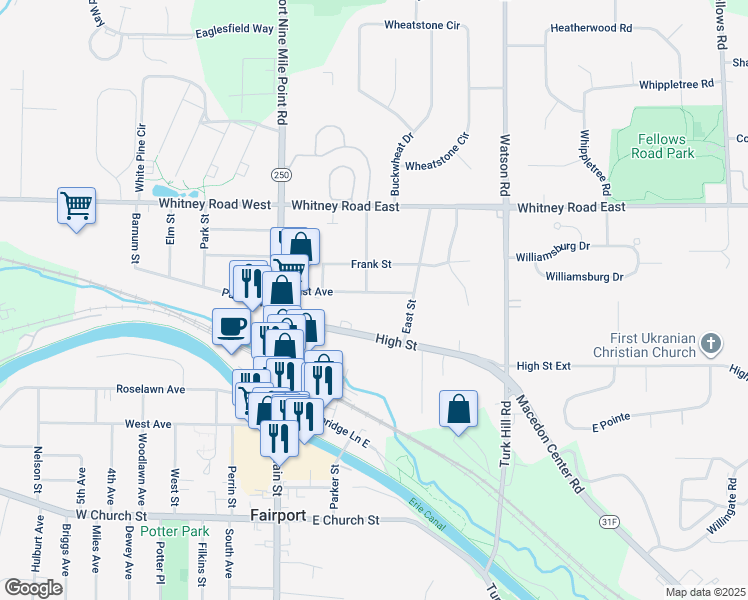 map of restaurants, bars, coffee shops, grocery stores, and more near 58 East Avenue in Fairport