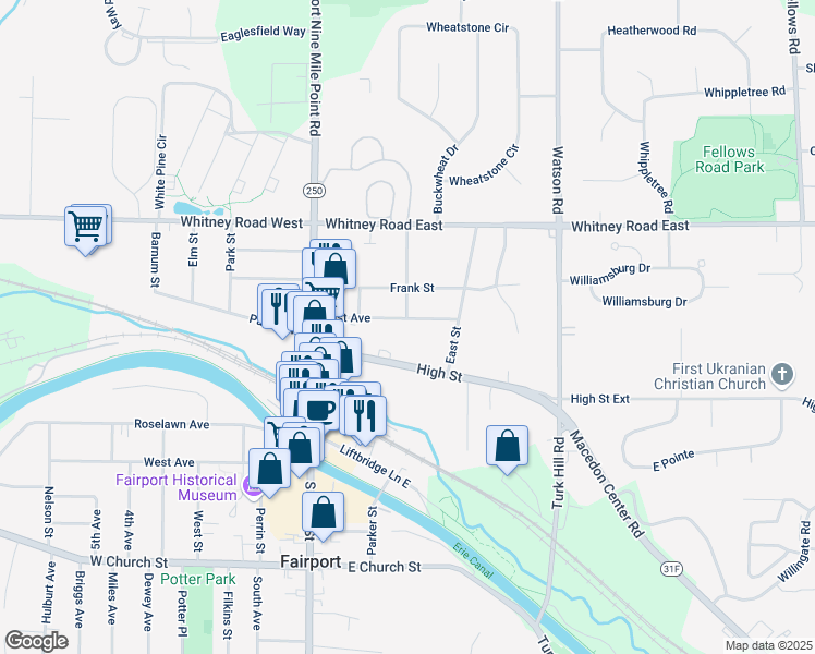 map of restaurants, bars, coffee shops, grocery stores, and more near 58 East Avenue in Fairport