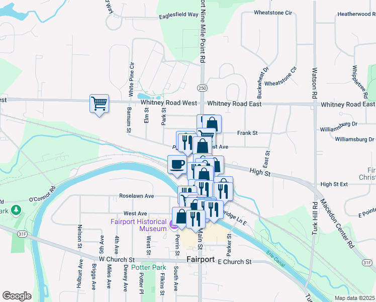 map of restaurants, bars, coffee shops, grocery stores, and more near 40 Parce Avenue in Fairport