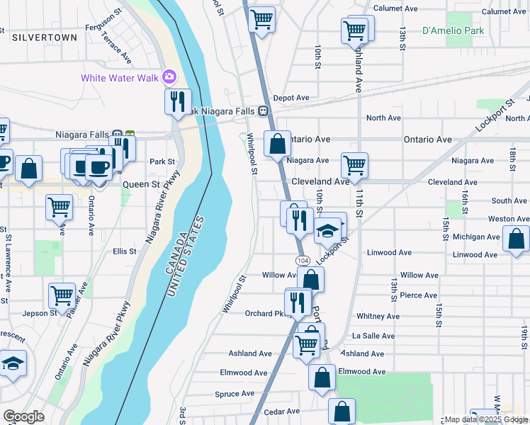 map of restaurants, bars, coffee shops, grocery stores, and more near 720 Division Avenue in Niagara Falls