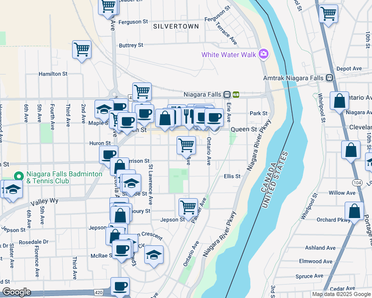 map of restaurants, bars, coffee shops, grocery stores, and more near in Niagara Falls
