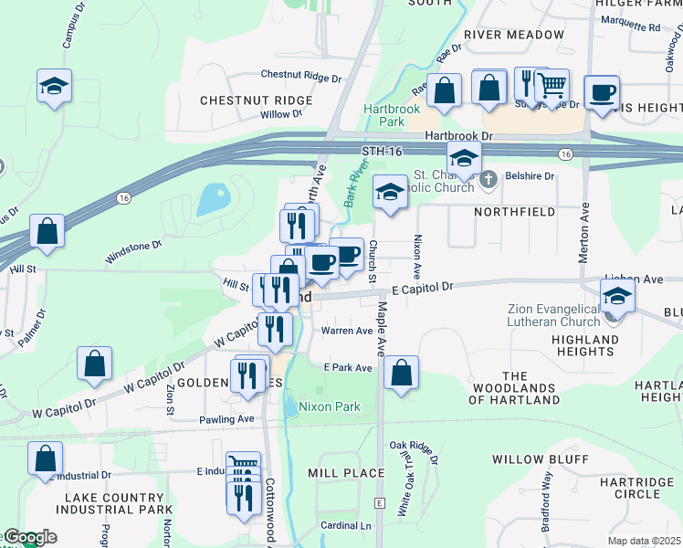 map of restaurants, bars, coffee shops, grocery stores, and more near 130 Oak Street in Hartland