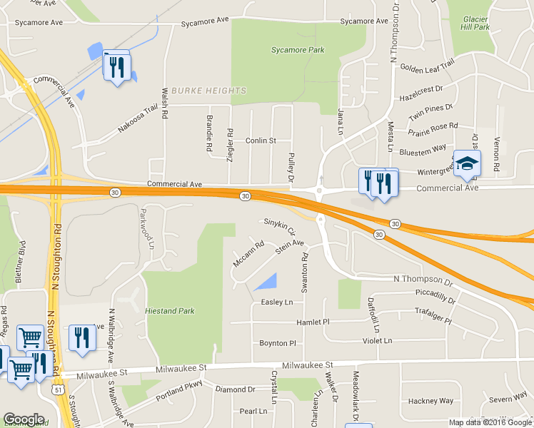 map of restaurants, bars, coffee shops, grocery stores, and more near 66 Sinykin Circle in Madison