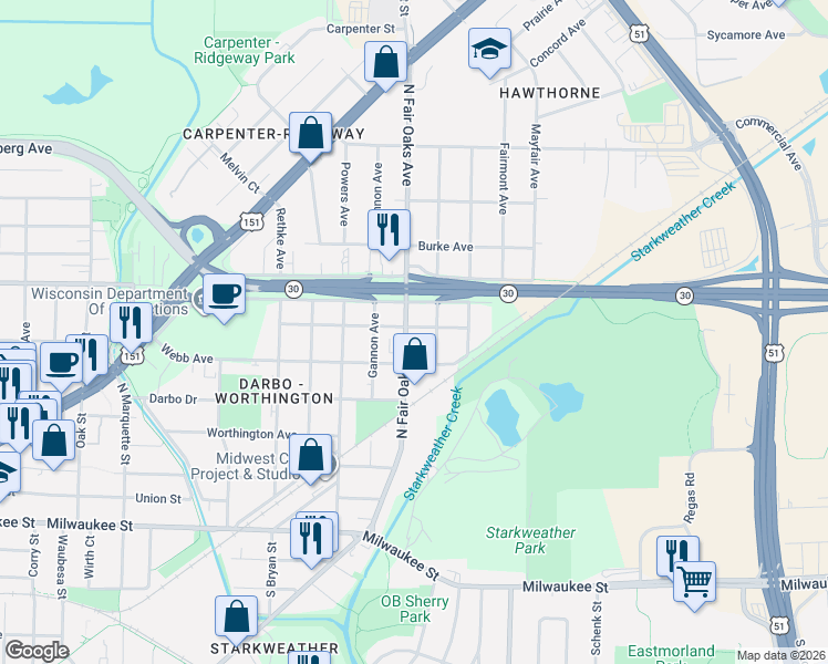 map of restaurants, bars, coffee shops, grocery stores, and more near 3325 Furey Avenue in Madison