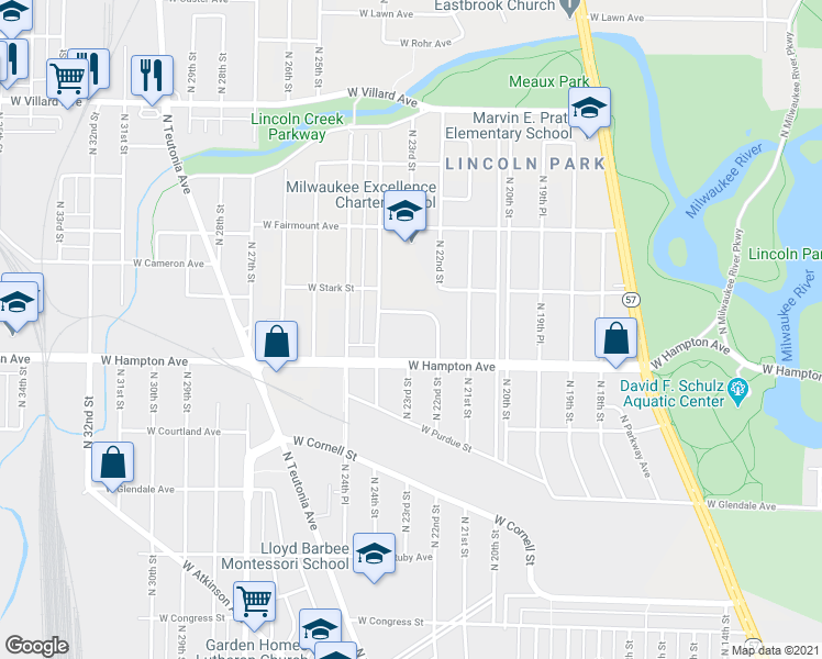 map of restaurants, bars, coffee shops, grocery stores, and more near 2310 West Linwall Lane in Milwaukee