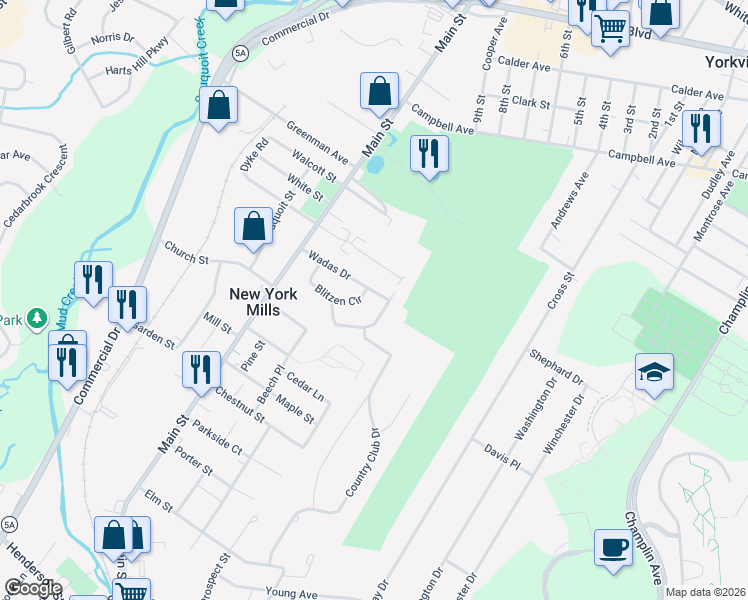 map of restaurants, bars, coffee shops, grocery stores, and more near 24 Wadas Dr in New York Mills