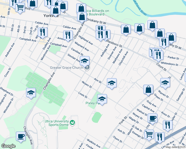 map of restaurants, bars, coffee shops, grocery stores, and more near 1127 Kellogg Ave in Utica