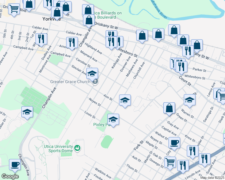map of restaurants, bars, coffee shops, grocery stores, and more near 1125 Downer Ave in Utica