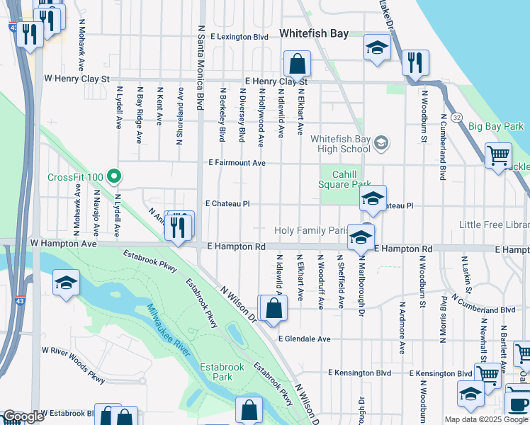 map of restaurants, bars, coffee shops, grocery stores, and more near 4864 North Hollywood Avenue in Whitefish Bay