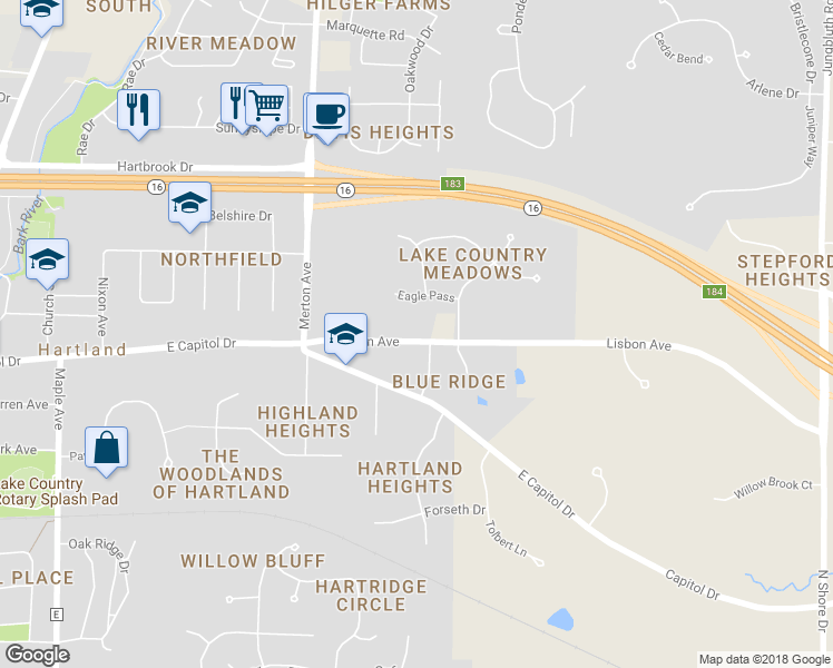 map of restaurants, bars, coffee shops, grocery stores, and more near 1210 Lisbon Avenue in Hartland