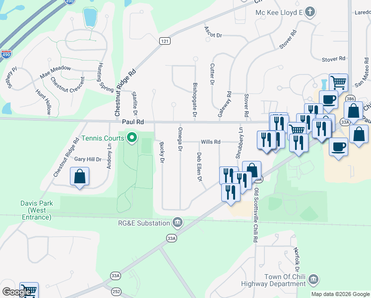 map of restaurants, bars, coffee shops, grocery stores, and more near 14 Omega Drive in Rochester