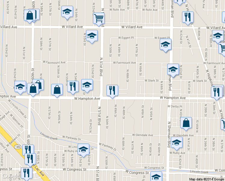 map of restaurants, bars, coffee shops, grocery stores, and more near 4927 West Luscher Avenue in Milwaukee