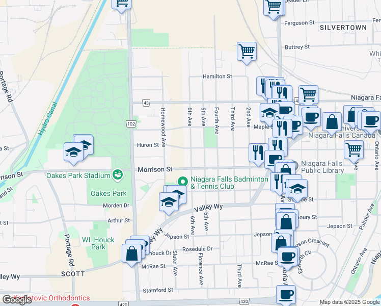 map of restaurants, bars, coffee shops, grocery stores, and more near 4727 6th Avenue in Niagara Falls