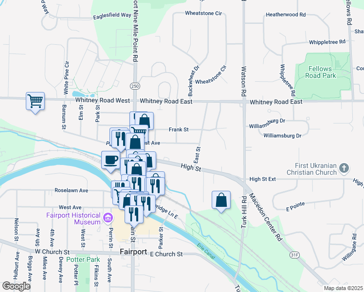 map of restaurants, bars, coffee shops, grocery stores, and more near 58 East Avenue in Fairport