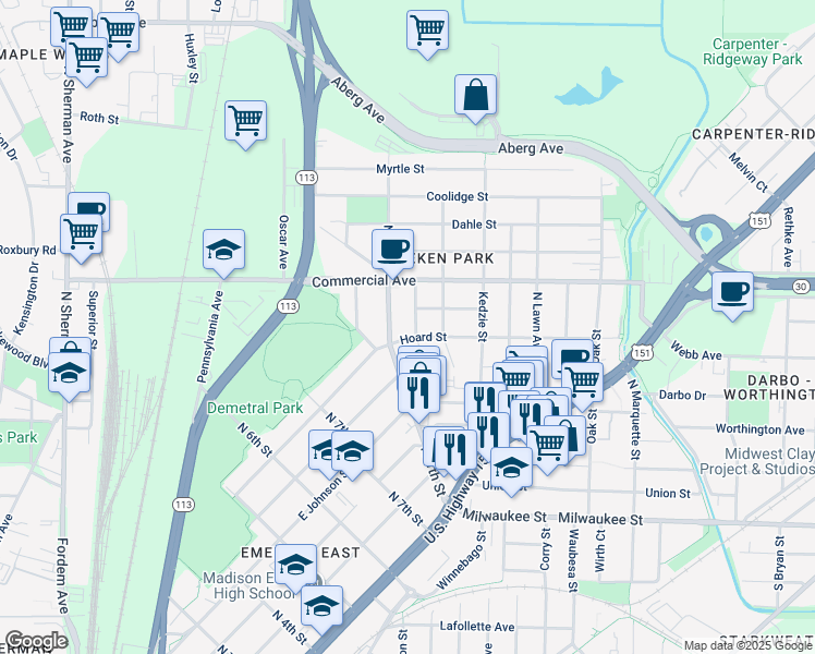 map of restaurants, bars, coffee shops, grocery stores, and more near 510 Maywood Street in Madison