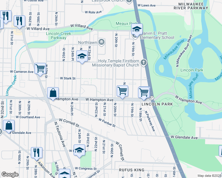 map of restaurants, bars, coffee shops, grocery stores, and more near 4843 North 20th Street in Milwaukee