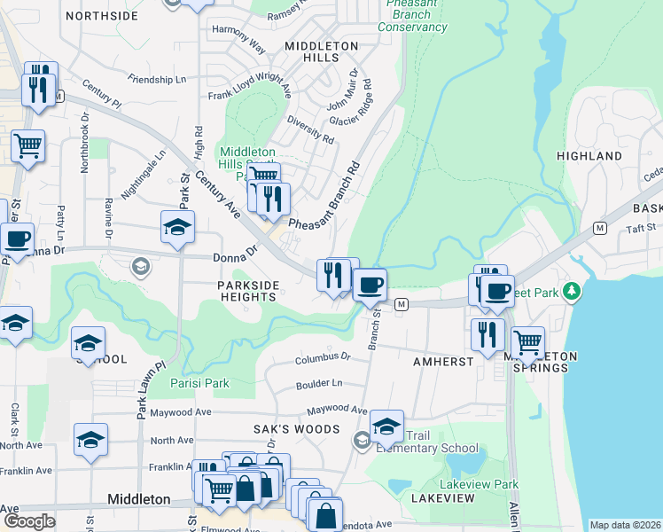 map of restaurants, bars, coffee shops, grocery stores, and more near 2865 Old Creek Road in Middleton