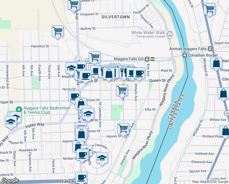 map of restaurants, bars, coffee shops, grocery stores, and more near 4542 Huron Street in Niagara Falls