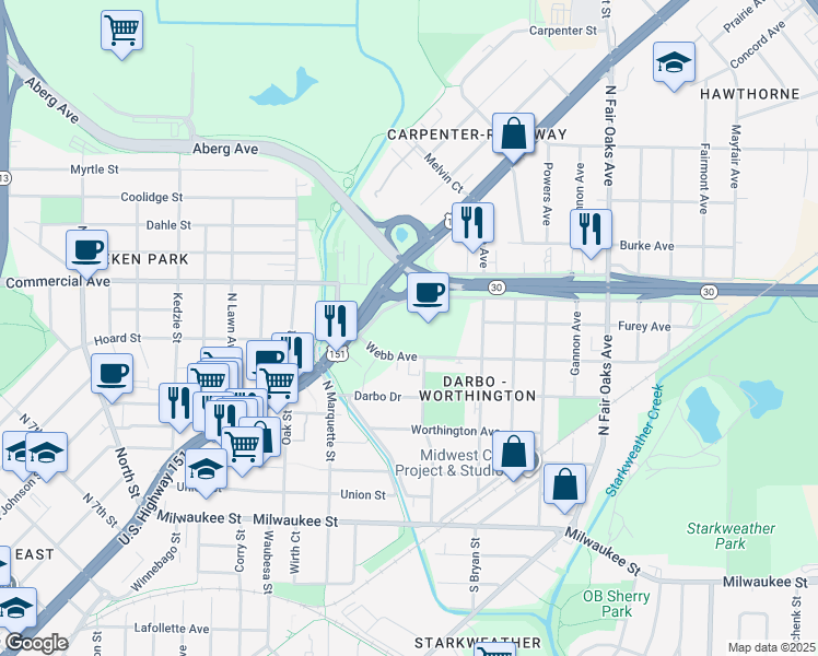 map of restaurants, bars, coffee shops, grocery stores, and more near 3099 East Washington Avenue in Madison